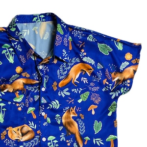 Fox Navy Blue Button Up Satin Shirt, Fox Print Colorful Shirt, Cottagecore Spring Shirts, Animal Print Shirts, Button Down Shirts for Women