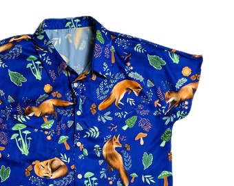 Fox Navy Blue Button Up Satin Shirt, Fox Print Colorful Shirt, Cottagecore Spring Shirts, Animal Print Shirts, Button Down Shirts for Women