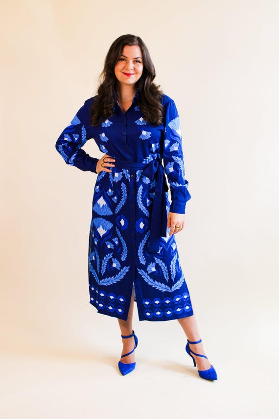 Blue Floral Shirt Dress - Womens Midi Shirt Dress Blue Floral Shirt Dress - Womens Midi Shirt Dress