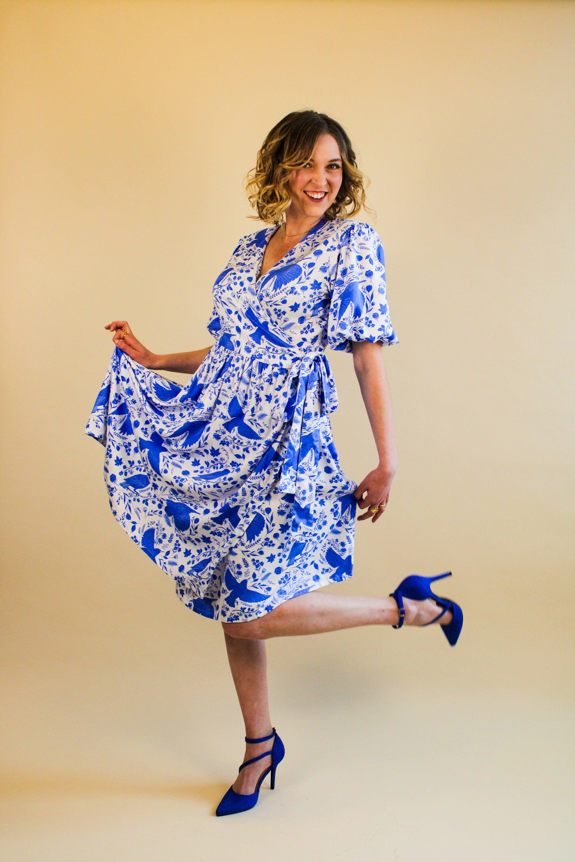 Organic Cotton Wrap Dress: Blue Bird Print Summer Dress