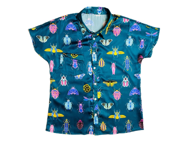 Neon Bugs Teal Button Up Satin Shirt, Bug Print Colorful Shirt, Cottagecore Spring Shirts, Bug Print Shirts, Button Down Shirts for Women image 3