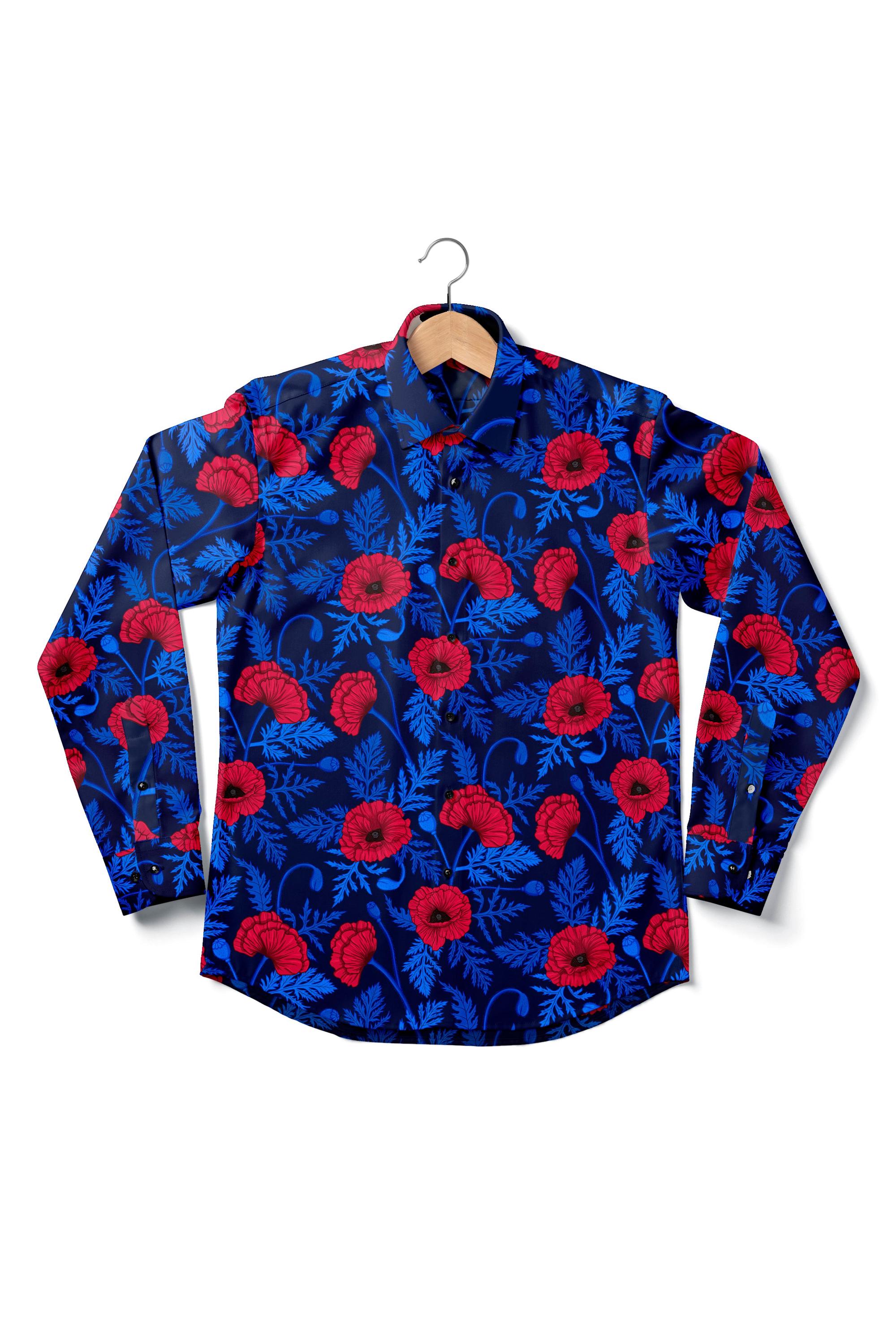Red Poppy Shirt, Women's Long Sleeve Cotton Button Down, Red