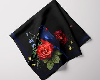 Red Rose zijden sjaal, dieprode bloemen Tanager vogel sjaal, rode en zwarte sjaal, bloem zijden sjaal, blauwe vogel zijden sjaal, Valentijnsdag cadeau