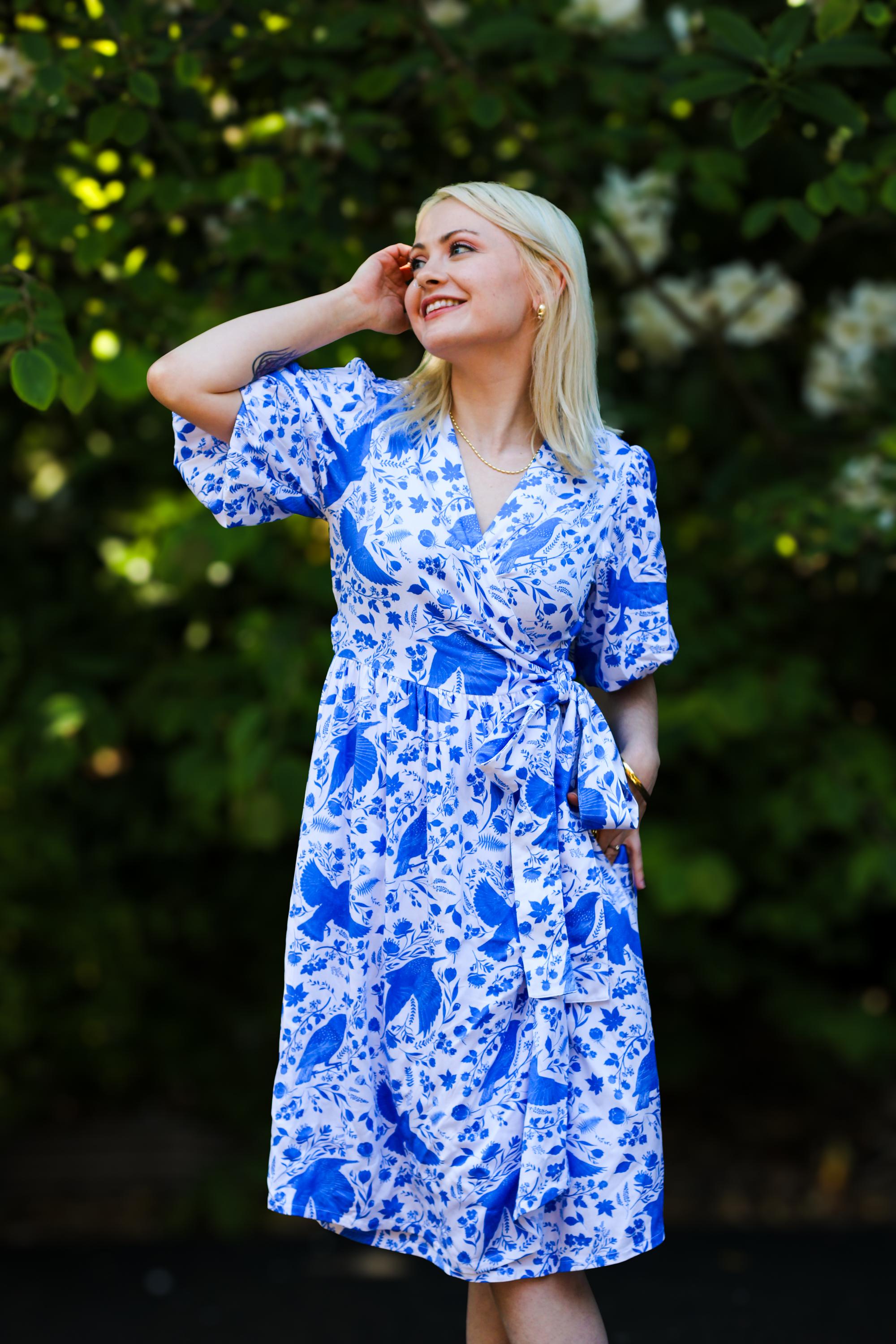 Organic Cotton Wrap Dress: Blue Bird Print Summer Dress - Etsy