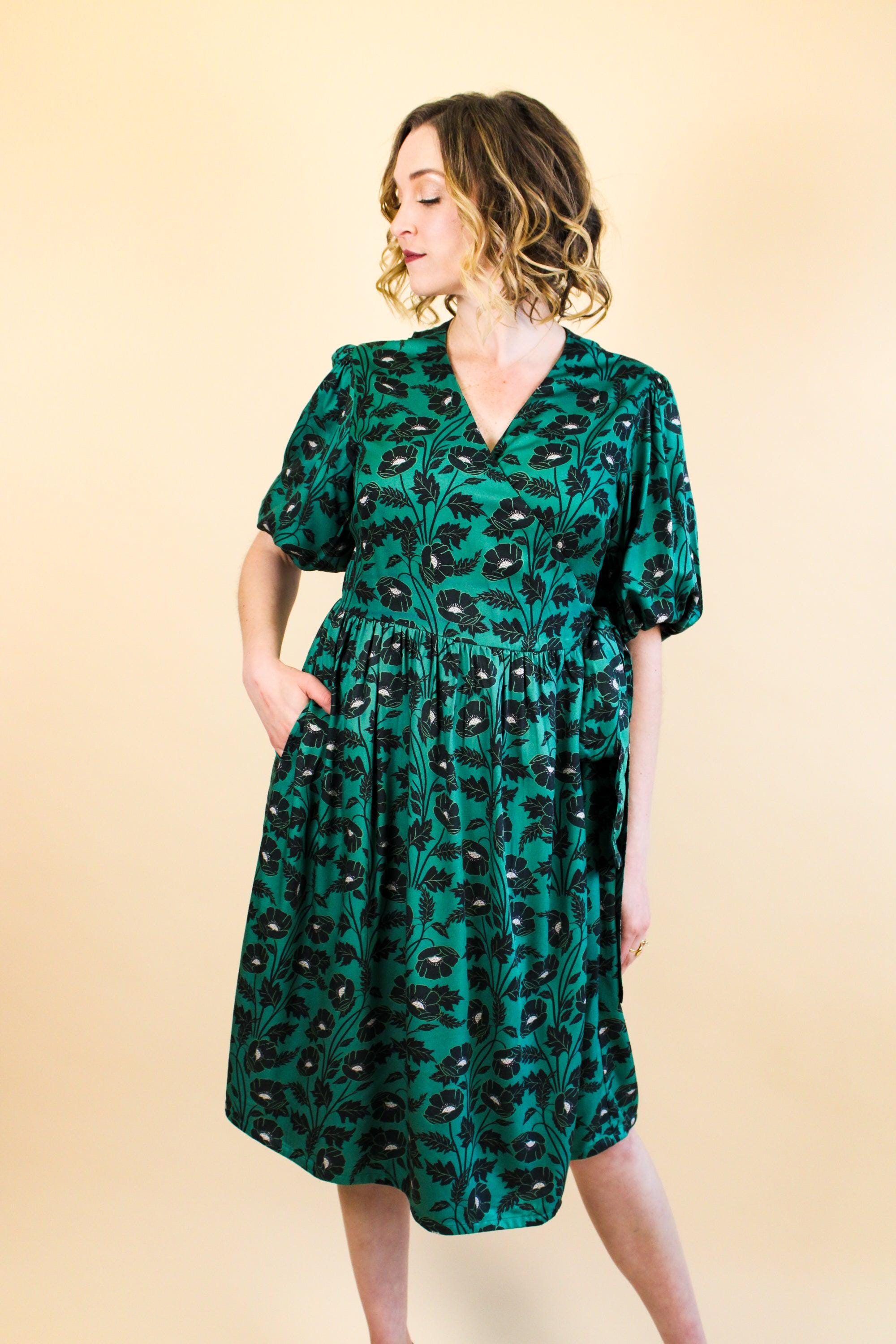 Green Floral Wrap Dress, Green Cotton Wrap Dress, Summer Wrap Dress, Organic Cotton Dress, Cotton Wrap Dresses, Summer Dress, Flower Print