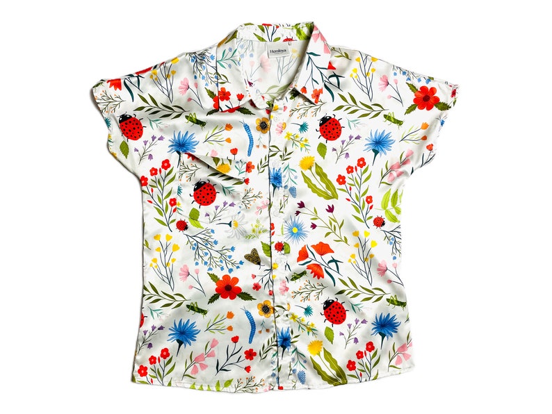 Wildflower Ladybug Button up Satin Shirt Cottagecore Spring Etsy