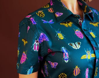 Organic Cotton Teal Bug Print Button-Up Shirt