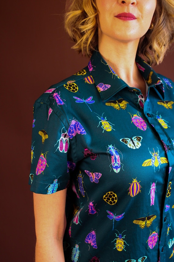 Organic Cotton Teal Bug Print Button-up Shirt - Etsy