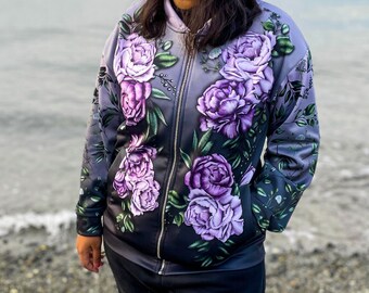 Lavender Floral Pattern Print Women Casual Bomber Jacket