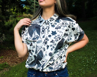 Starling Bird Button Up Satin Shirt, Bird Print Black & White Shirt, Folklore Style Shirts, Shirt for Bird Lovers, Unisex Button Down Shirt