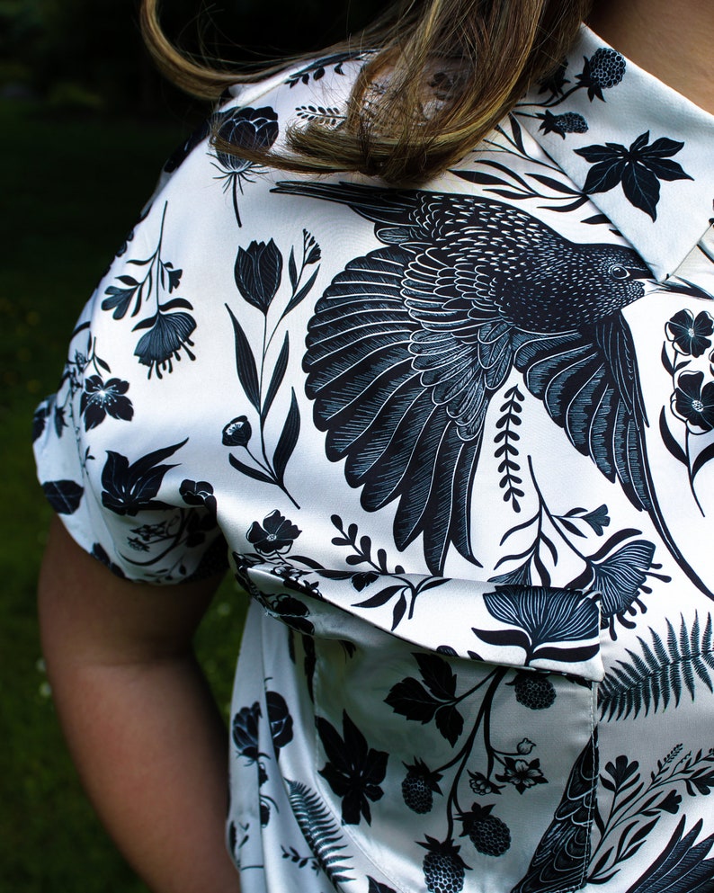 Starling Bird Button Up Satin Shirt, Bird Print Black & White Shirt, Folklore Style Shirts, Shirt for Bird Lovers, Unisex Button Down Shirt image 4