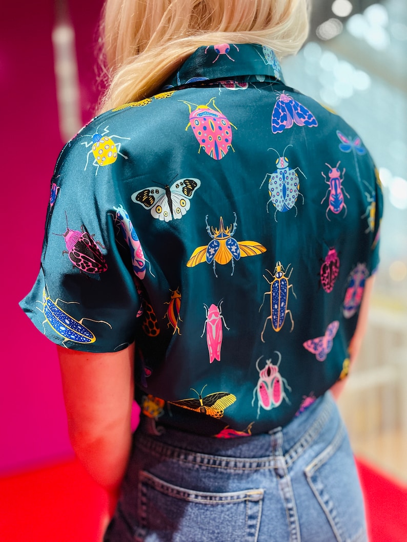 Neon Bugs Teal Button Up Satin Shirt, Bug Print Colorful Shirt, Cottagecore Spring Shirts, Bug Print Shirts, Button Down Shirts for Women image 6