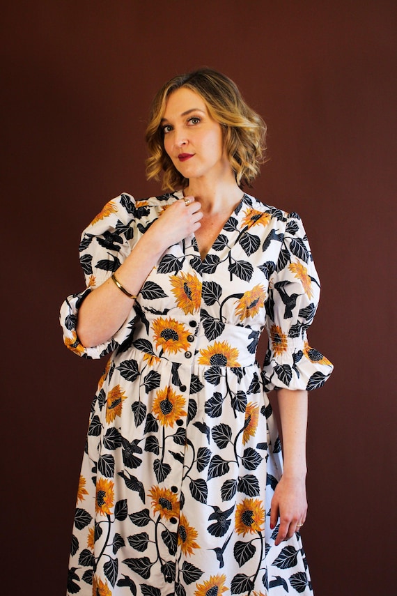 Organic Cotton Sunflower Dress: Hand-Painted Floral Midi Dress, Floral Dress, Long Cotton Dress