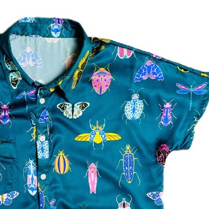 Neon Bugs Teal Button Up Satin Shirt, Bug Print Colorful Shirt, Cottagecore Spring Shirts, Bug Print Shirts, Button Down Shirts for Women