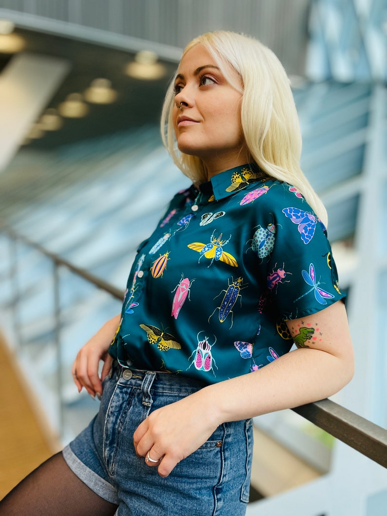 Neon Bugs Teal Button Up Satin Shirt, Bug Print Colorful Shirt, Cottagecore Spring Shirts, Bug Print Shirts, Button Down Shirts for Women image 5