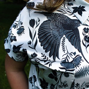 Starling Bird Button Up Satin Shirt, Bird Print Black & White Shirt, Folklore Style Shirts, Shirt for Bird Lovers, Unisex Button Down Shirt image 3