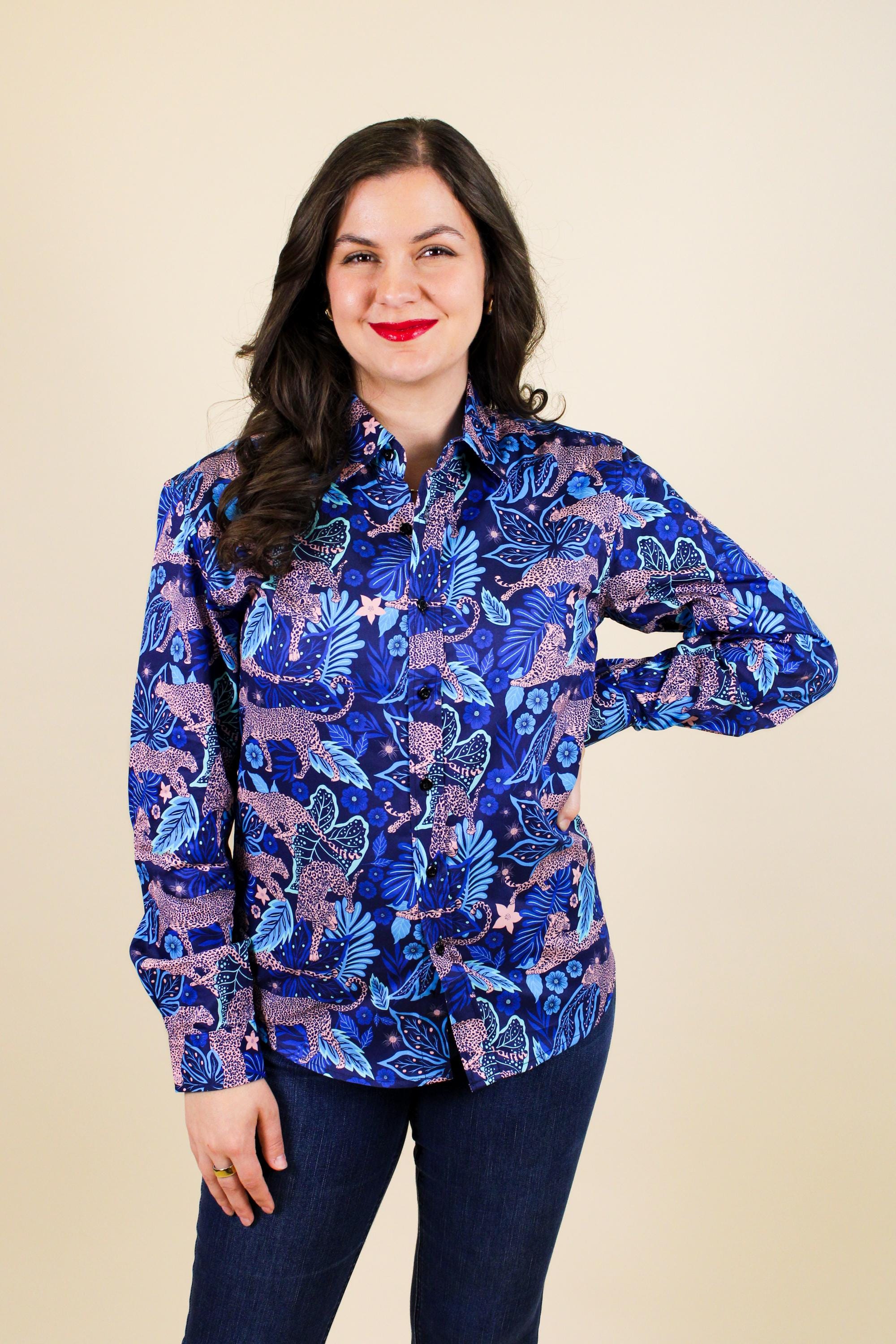 Blue Leopard Shirt, Women's Long Sleeve Cotton Button Down, Blue