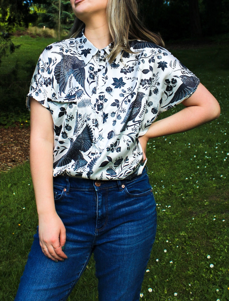 Starling Bird Button Up Satin Shirt, Bird Print Black & White Shirt, Folklore Style Shirts, Shirt for Bird Lovers, Unisex Button Down Shirt image 4