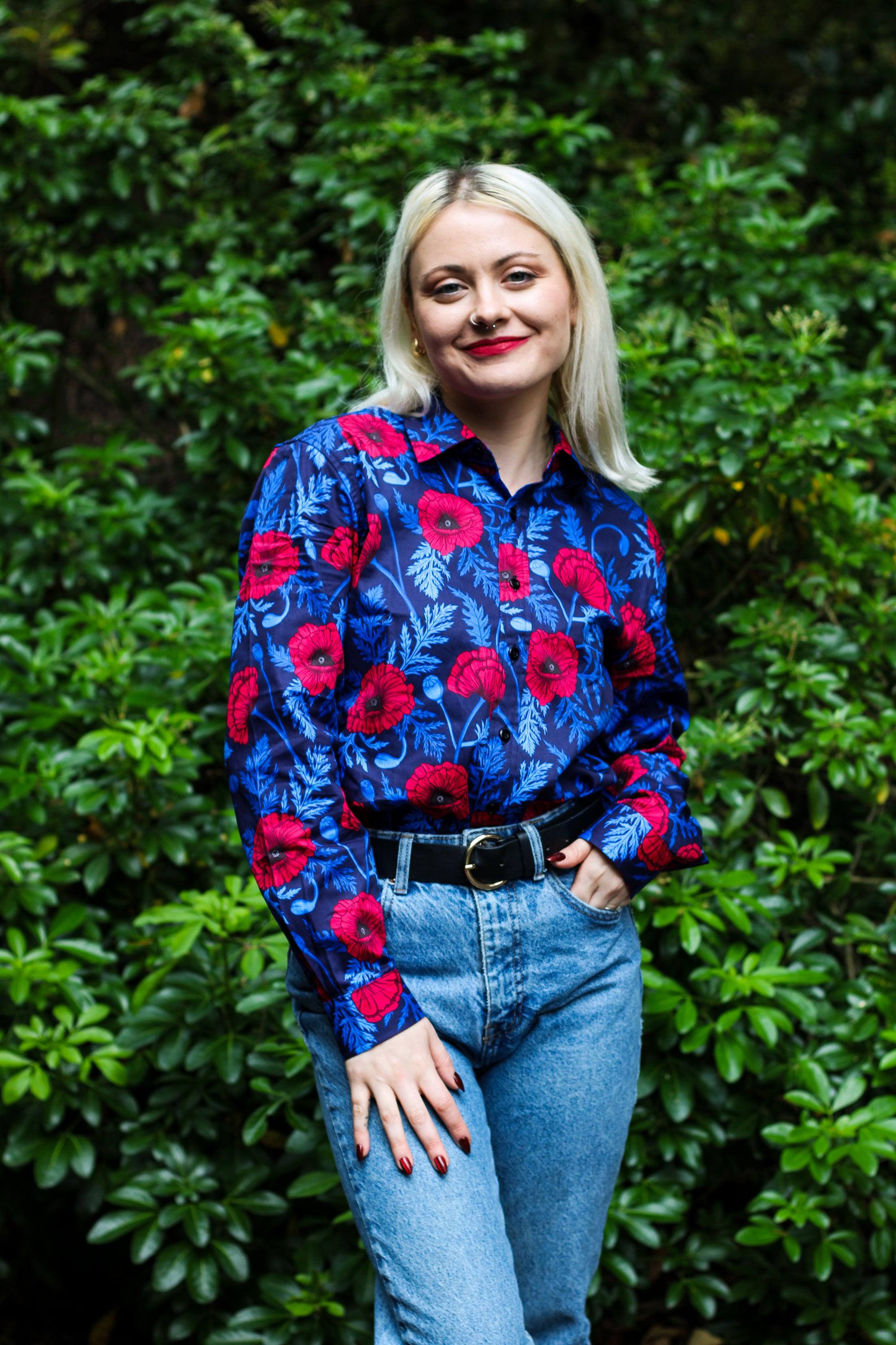 Red Poppy Shirt, Women's Long Sleeve Cotton Button Down, Red