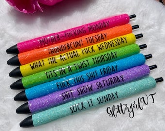 Days of the week glitter epoxy gel pens, epoxy glitter gel pens, funny gel pen, funny gifts, refillable gel pen, snarky pens, REFILLABLE
