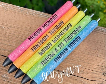 Work friendly days of the week pens, REFILLABLE, days of the week pens, birthday gift, gifts for her, glitter pen, refillable gel pen