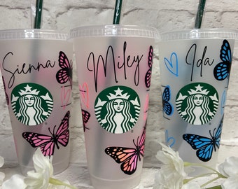 24oz Starbucks Cold Cup, Personalised Starbucks Cold Cup, Butterfly & Hearts Cold Cup, Mothers Day Gift, Valentines Day Gift