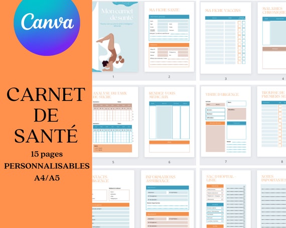 Customizable HEALTH BOOK in CANVA 15 Pages in French A4 or A5