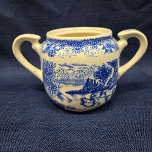 Blue and White Double Handled Cannister with Nature Farmhouse Scene - Vintage Collectible Retro Décor