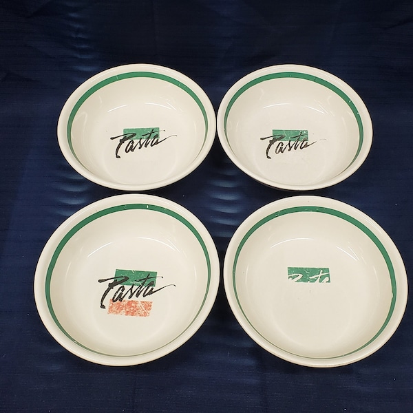 Set of 4 Pasta Bowls – Vintage Pasta Themed Dinner Bowls – Green and Off White Bowls
