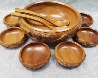 Wooden Salad Bowl Set: Large Bowl, Spoons, and Small Bowls
