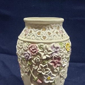 Tan and White Vintage Intricately Designed Flower Vase with Delicate Carvings and Flower Designs