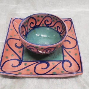 Pink and Green Bowl and Square Plate Set - Earthworks Barbados – Collectible Pottery