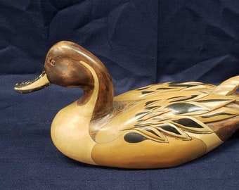 Señuelo de pato vintage de madera tallada: decoración rústica de caza (53 cm de largo)