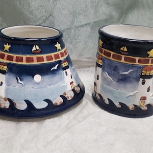 Pair of Sea and Shore Painted Candle Holders with Lighthouse Designs – Mantle Décor Candle Sleeves