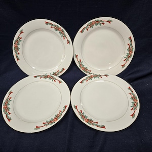 Tienshan Holiday China Set of 4 Plates - Vintage Christmas China - Holly and Red Ribbon Design