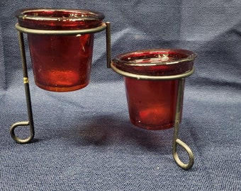 Red Translucent Glass Candle Holder with Black Wire Frame and Two Individual Candle Slots