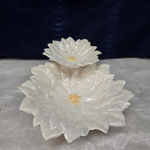 White Flower Serving Bowl with Yellow Center - Shiny Glazed Floral Bowl - Two Flowers on Bowl