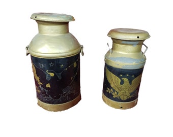 Vintage Large Metal Milk Jugs with Eagle Design and Handles