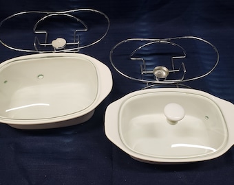 White Chafing Dishes with Clear Lids and Metal Stands - Set of Two