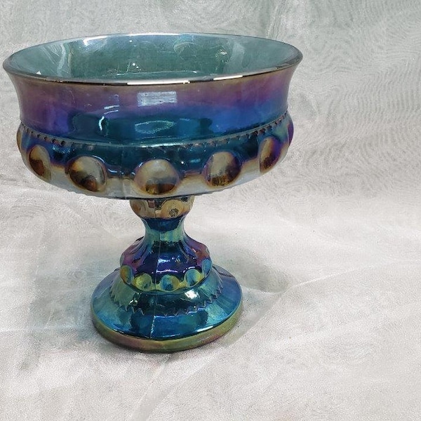 Blue Indiana Glass Carnival Glass Iridescent Candy Dish – Stemmed Bowl Compote – Living Room and Kitchen Décor