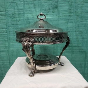 Vintage Silver Colored Round Chafing Dish with Tripod Base and Baroque Designs