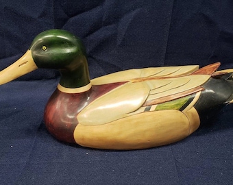 Señuelo de pato vintage: decoración de caza tallada (48 cm de largo)