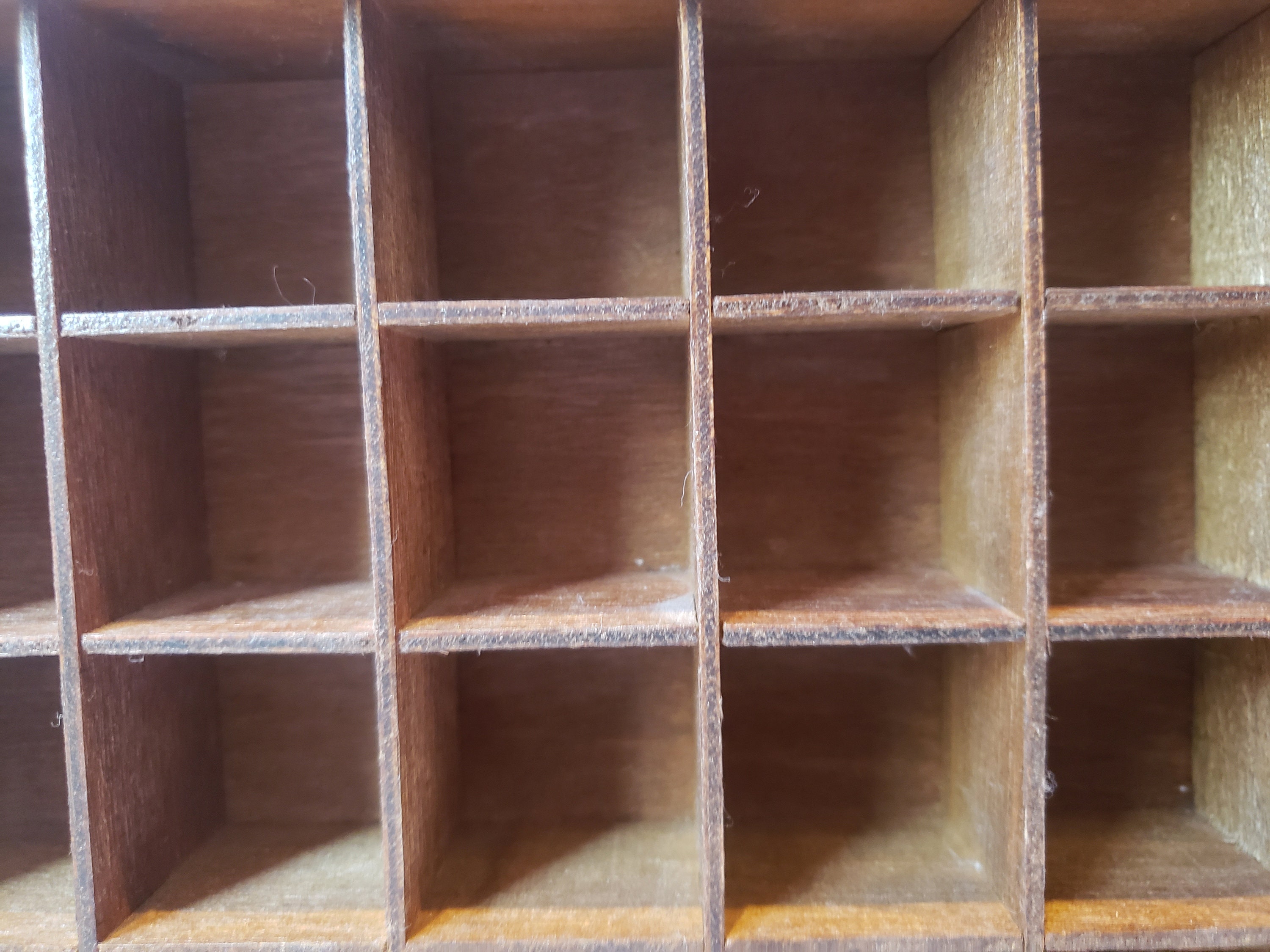 Wooden Thimble Display Shelf With Cubbies, Plastic Case Window, and