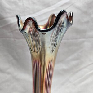 Vintage Orange Amber Carnival Glass Vase with Ruffled Top Edge – Slim Glass Flower Vase Décor – Looks Like Fenton