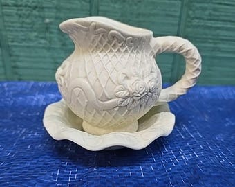 Off White Creme Textured Design Mini Pitcher and Basin Collectible