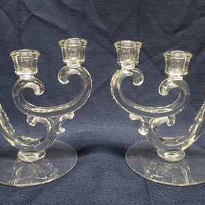 Set of Two Triple Candle Holders for Dinner Table and Home Décor – Clear Regal Candle Holders with Round Bases and Curled Designs