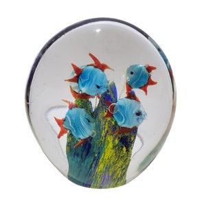 Blue Fish and Coral Reef Clear Glass Paperweight - Ocean Theme Paperweight - Glass Paperweight - Desk Decor - Desktop Ornament - Collectible