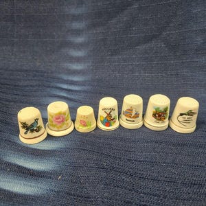 May include: Seven white ceramic thimbles with colorful designs. The thimbles feature images of a bluebird, a rose, a flower, a windmill, a ship, a house, and a bird. The thimbles are arranged in a row on a blue denim background.