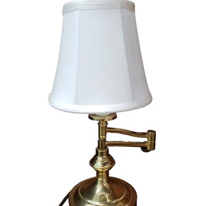 Metal Brass Colored Lamp with Round Base and Extending Arm – White Lampshade