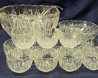 Etched Glass Punch Bowl Set: 12 Cups and Ladle